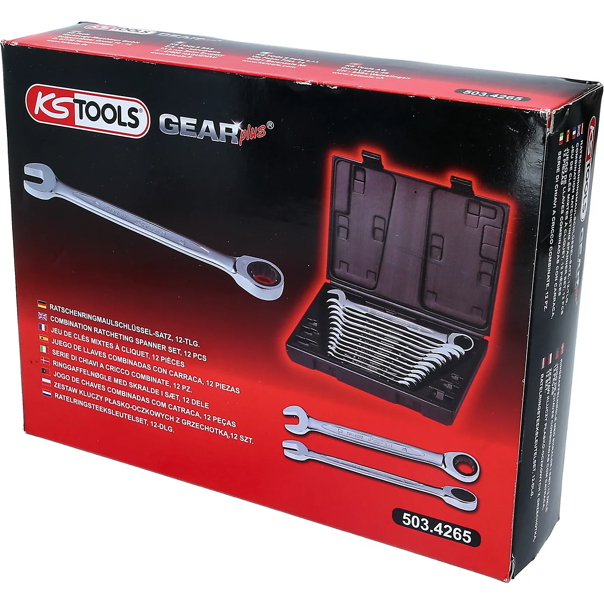 Werkzeugkasten mit Schraubenschlüsseln, in der Verpackung. Aufdruck: KS TOOLS GEARplus, 503.4265.